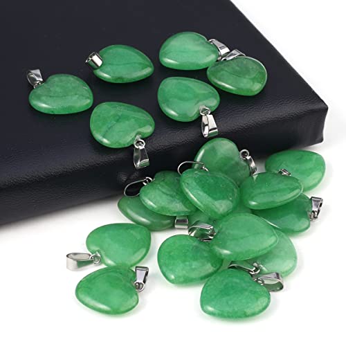 LE SKY 20 Pcs natural stone pendants heart shape healing stone charms for jewelry making - color: malay jade