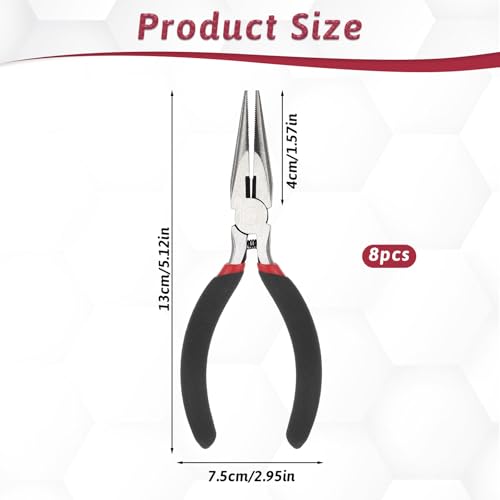 Dimeho 8 PCS Needle Nose Pliers, 5 Inch Long Nose Pliers Set Carbon Steel Serrated Jaw Plier for Wire Bending Cutting Jewelry Making Electronics Repair Object Grasping