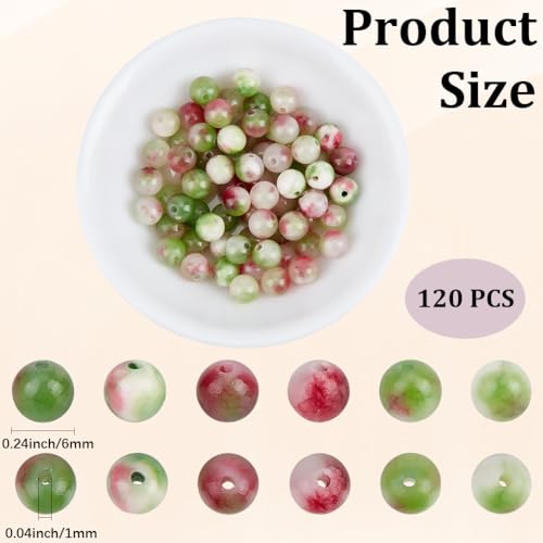 1 Box 120pcs 6mm Watermelon Red Stone Beads Round Tourmaline Energy Jade Polish Crystal Smooth Gemstone Loose Spacer Bead Charm Bulk for Jewelry Making Bracelet Necklace DIY Craft Supply - size: 6mm 120pcs