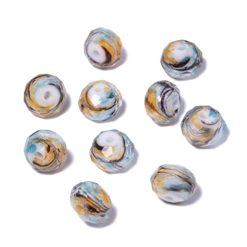7.5×10mm 50pcs Yellow Blue Black Stripe Faceted Lampwork Glass Beads for Jewelry Making, Flat Round Handmade Murano Beads for Bracelets, Crafts, Friendship Bracelet Kit, Rosary Making - color: Yellow Blue Black Stripe