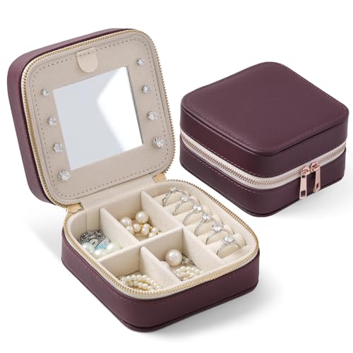 Genuine Leather Travel Jewelry Organizer Case with Mirror for Women, Small Mini Portable Jewelry Box for Ring Earrings Necklace Bracelet Luxury Gift for Women（Burgundy） - color: Nappa Leather Burgundy
