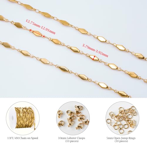 KYUNHOO 4 Meters Long Gold Plated Chain for Jewelry Making Solid Rhombic DIY Jewelry Stainless Steel Bulk Chain on Spool for Crafting Finding Supplies - color: Rhombic Gold