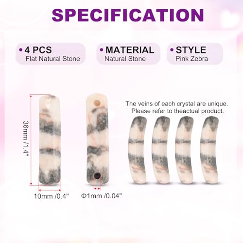 PATIKIL 4 Pcs Natural Stone, 36 x 10 mm Natural Curved Clear Quartz Stone Crystal Handmade Jade Flat Beads for DIY Crafting, Pink Zebra - color: Pink Zebra