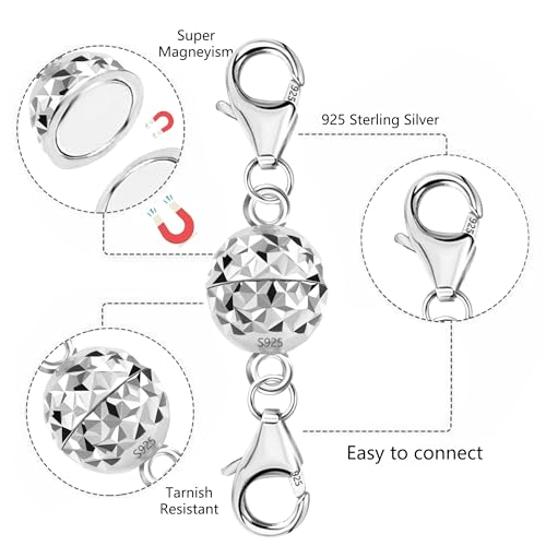 925 Sterling Silver Magnetic Necklace Clasps and Closures Ball Sterling Silver Magnetic Jewelry Clasps for Necklaces Bracelet Disco Ball Clasp - color: E-Silver