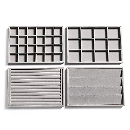 Frebeauty Stackable Velvet Jewelry Organizer Trays for Drawers Inserts Jewelry Storage Tray Display Case Earrings Bracelets Necklace Rings Accessories Trays for Women(Set of 4)(Grey). - color: Grey, size: Set 4
