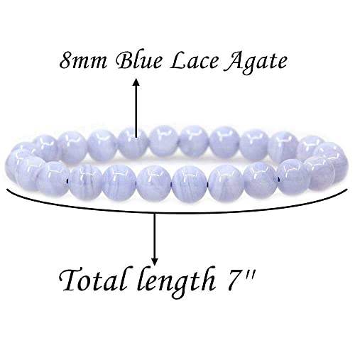 Angelstones Handmade Natural Healing Gemstone 8mm Round Beads Stretch Crystal Bracelet 7 Inch Unisex - color: Blue Lace Agate