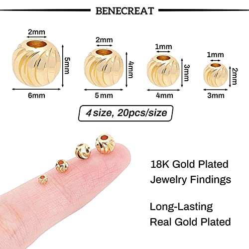 BENECREAT 80pcs 4 Sizes 18K Gold Plated Spacer Beads Round Metal Beads for Necklaces, Bracelets and DIY Jewelry Making - color: Round grooved-4 Sizes