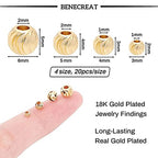 BENECREAT 80pcs 4 Sizes 18K Gold Plated Spacer Beads Round Metal Beads for Necklaces, Bracelets and DIY Jewelry Making - color: Round grooved-4 Sizes