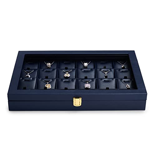 Oirlv Premium Blue Leather Jewelry Tray with 24 Grid Removable Jewelry Cards Jewelry Organizer Box with Transparent Acrylic Lid Necklace Pendant Display Case - color: Blue, size: 24 Gird with Inserts