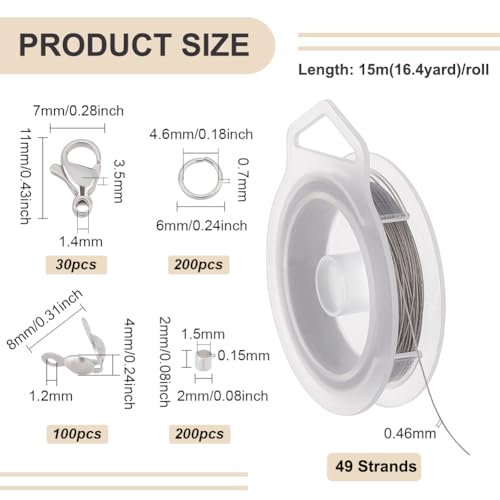 BENECREAT 49FT 49 Strands Beading Wire Kit, 0.46mm/26 Gauge Stainless Steel String Wire, Tiger Tail Wire with Lobster Clasps, Jump Rings, Bead Tips, Brass Crimp Beads for Jewelry Making - size: 0.46mm, style: 49 Strands
