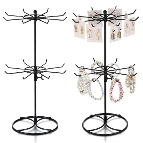 Tandefio 2 Pcs Rotating Bracelet Display Stand Jewelry Rack Metal Adjustable Display Holder with Hooks Organizer for Necklace(2 Tier) - color: Black, size: 2 Tier