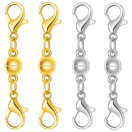 Magnetic Necklace Clasps and Closures, S925 Sterling Silver Magnetic Clasp Converter, Double Lobster Clasp Design (4pcs Gold Silver) - color: 4pcs gold silver