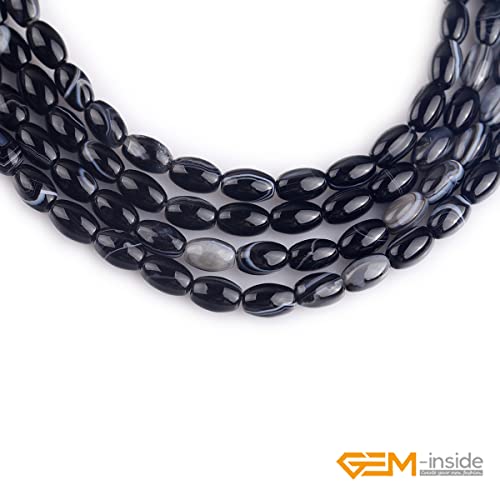 GEM-Inside 6x9mm Natural Black Botswana Onyx Agate Stone Semi Precious Rice Olive Oval Chakras Beads for Jewelry Making DIY Handmade Craft Supplies 15" - size: Black-6x9mm