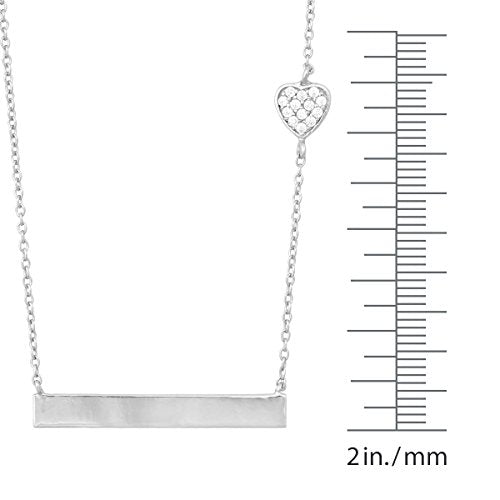 Horizontal Bar Necklace for Women, Sterling Silver or 14K Gold Plated Silver, Minimalist, CZ Diamond, Dainty Bar Pendant - Unique Jewelry Gift - style: Heart Accent - Silver