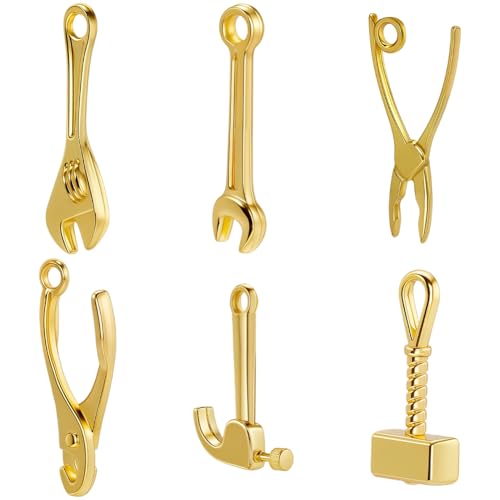 Beebeecraft 60Pcs 6 Style Mini Tool Charms 18K Gold Plated Alloy Hammer Wrench Charm for Jewelry Making DIY Crafts Bracelet Necklace Supplies - color: 60Pcs #1