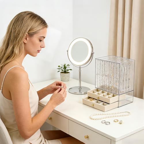 Greenfeather Jewelry Organizer with 7 Removable Drawers, Clear Acrylic Jewelry Box with 40 Necklace Hooks 120 Pairs of Earring Holes 2 Velvet-Lined Drawers for Rings Necklaces Earrings - color: Off-White-Style A