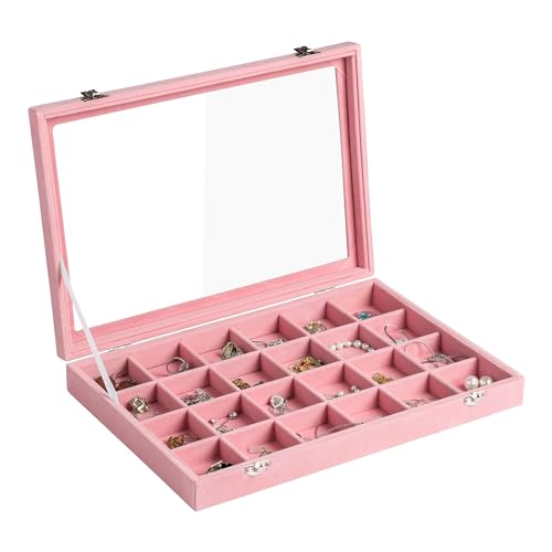 Frebeauty Velvet Jewelry Tray,24 Grid Jewelry Organizer with Clear Lid,Earring Holder Organizer with Clasp,Drawer Insert Rings Pendants Brooches,13.8 x 9.5 x 2 Inches,Gift for Women(Pink) - color: Pink, size: 24 Grid