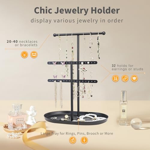 Saydear Elegant Jewelry holder Organizer 2-Tier Display Storage Stand for Earrings Necklaces with Ring Tray Spacious and Durable, Easy to Assemble Black - color: Black
