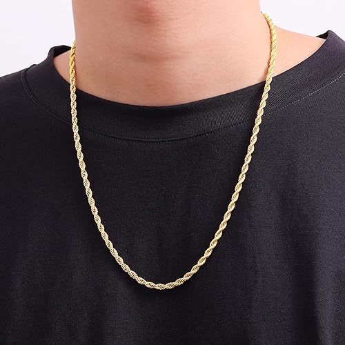 Fiusem 18K Gold Plated Rope Chain for Men, 18K Gold Plated/Black Chain Necklace, Stainless Steel Necklace for Men and Women, Jewelry Gifts - size: 26 Inches, style: Gold 4mm