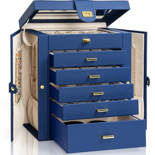 AKOZLIN Large Jewelry Box Organizer Functional with Big Mirror, Leather Jewelry Storage Case for Women Girls Ring Necklace Earring Bracelet Holder Organizer Blue - color: Blue, size: Large