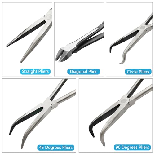 5-Piece 11" Extra Long Needle Nose Pliers Set with Insulated Comfort Grip, Straight Long Reach Plier, 45/90°Bent Nose Pliers,O-shaped nose plier,Diagonal Plier for Bending Shaping Trimming - size: 5Pcs-Straight/45/90
