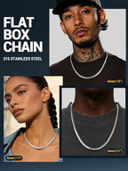 PROSTEEL Stylish Stainless Steel Flat Box Link Chain Necklace for Men, Silver/Gold/Black Tone, Hypoallergenic Jewelry, 14"-30", Come with Box - size: 20 inch(51cm), style: 6mm-Elegant Silver
