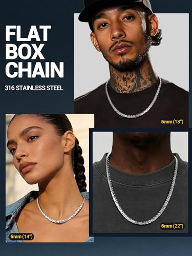 PROSTEEL Stylish Stainless Steel Flat Box Link Chain Necklace for Men, Silver/Gold/Black Tone, Hypoallergenic Jewelry, 14"-30", Come with Box - size: 20 inch(51cm), style: 6mm-Elegant Silver