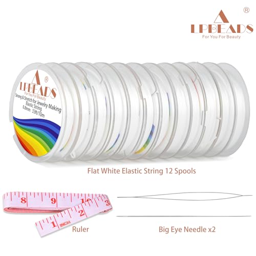 LPBeads 12 Rolls 0.8mm Elastic Stretchy String Cord for Bracelet Jewelry Making with Beading Needles and Ruler - style: White