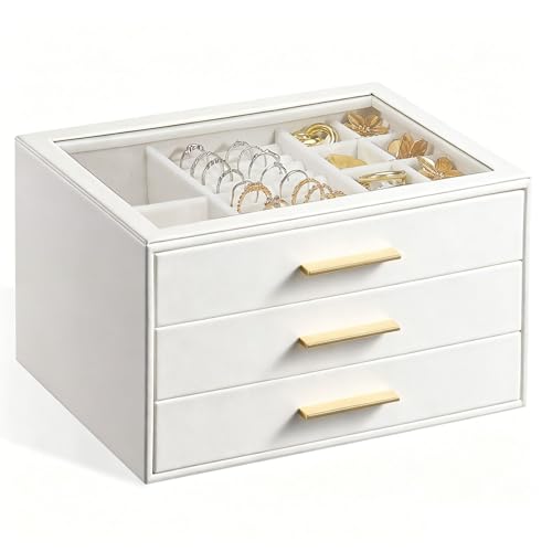 GUOER Jewelry Box for Women, Glass Lid Jewelry Organizer with 3 Drawers PU Jewelry Storage Case for Necklaces Rings Earrings Bracelets, Mother's Day, White - color: Warm White