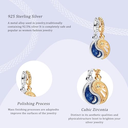 925 Silver Charms Pendants For Pandora Bracelet Golden charms Bead Safety Chain Clip set Heart Flower Animal Beads Family, Mom, Friend, Daughter, Birthday, Jewelry Gift - style: B-Two-Tone Splittable Sun and Moon