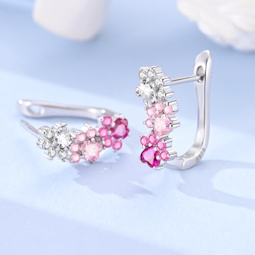LAZA 925 Sterling Silver Hoop Earrings for Women, Sterling Silver Butterfly Hoops Colorful Flowers Hoop Huggie Earrings Hypoallergenic Jewelry Gifts for Women - color: Pink cat paws Earring