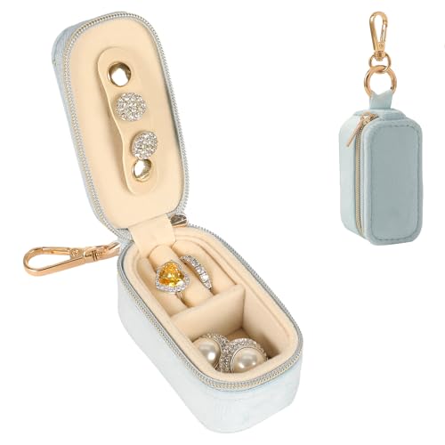 Small Travel Jewelry Box Keychain, Portable Storage Ring Necklace Earrings Holder Case Organizer Gift for Women (Blue) - color: Blue