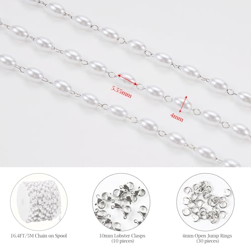 KYUNHOO 16.4FT/5M Faux Pearl Bead Jewelry Making Chains for Crafts Stainless Steel Cable Chain Roll with Jewelry Clasps for Women DIY Handcrafts - color: Pearl Bead Silver