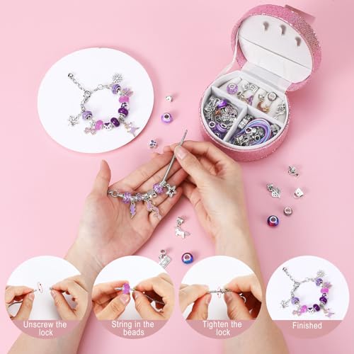 Emibele Girls Charm Beads Bracelet Making Kit with Portable Jewelry Box, Jewelry Making Kit for Kids Age 5 6 7 8-12, DIY Arts Crafts Toys for Teens Girls Gift Choices on Birthday Valentines Christmas - color: B-Purple