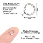 DanLingJewelry 1000 pcs 304 Stainless Steel 19 Gauge Open Jump Rings 7mm for Jewelry Making Connectors Jewelry Finding Stainless Steel Color - color: 1000 pcs - ф7mm δ 1mm