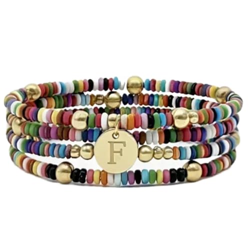Set of 4 Colorful Bead Initial Bracelets, Personalized Stackable Jewelry, Adjustable Stretchy Charm Bracelets for Women, Beaded Bracelet Set, Trendy Custom Jewelry Gift - style: Colorful Bead - F