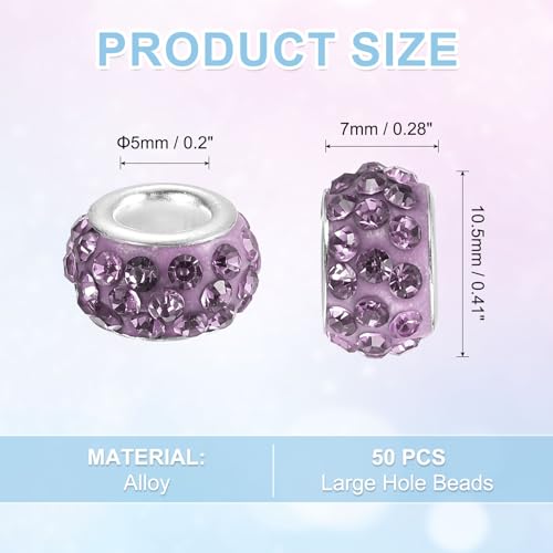 uxcell 50Pcs European Large Hole Beads, Rhinestone Craft Bead Crystal Charm Spacer Beads for Pens Bracelet Making Necklace DIY Craft, Purple - color: Purple
