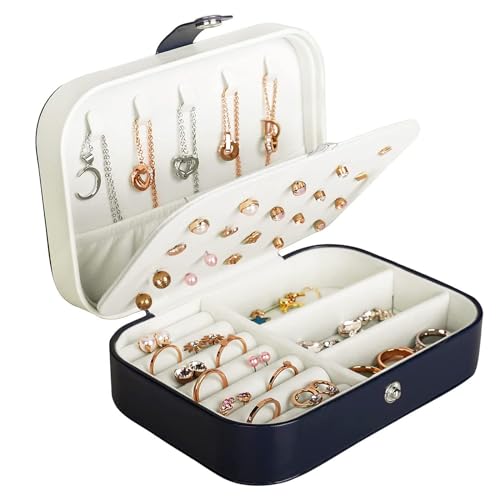 Hatori Travel Jewelry Box, PU Leather Small Jewelry Organizer for Women Girls, Portable Mini Travel Case Display Storage Holder Boxes for Stud Earrings, Rings, Necklaces, Bracelets (Blue) - color: Blue