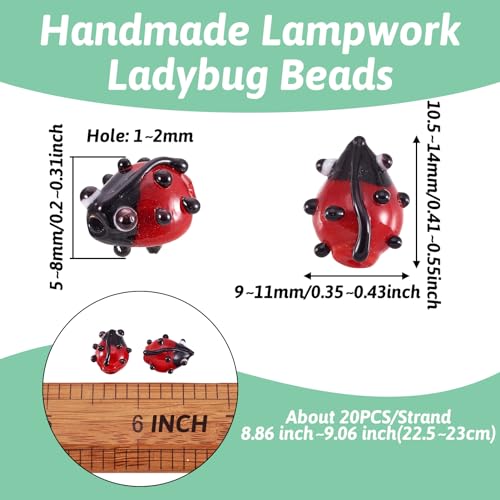 Cheriswelry 20pcs/Strand Red Ladybug Handmade Lampwork Beads Cute Animal Insect Loose Spacer Beads Ornament Charms 12~14mm Hole: 1~2mm for DIY Craft Earring Bracelet Necklace Jewelry Making - color: Ladybug-Red