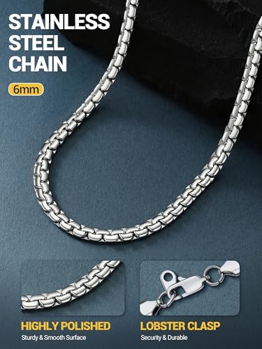 PROSTEEL Stylish Stainless Steel Flat Box Link Chain Necklace for Men, Silver/Gold/Black Tone, Hypoallergenic Jewelry, 14"-30", Come with Box - size: 20 inch(51cm), style: 6mm-Elegant Silver