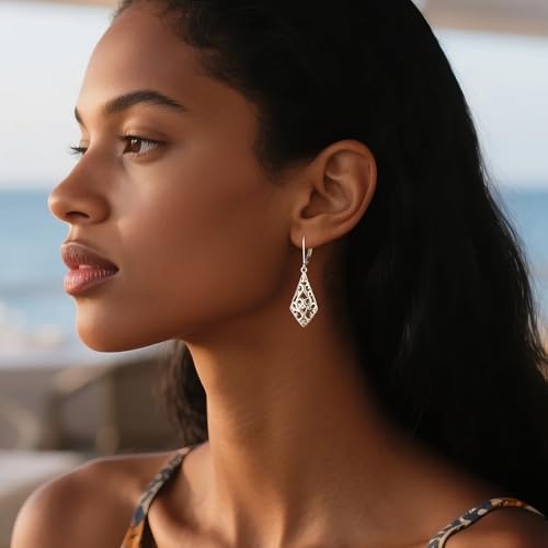 925 Sterling Silver Dangle Earrings for Women, 14K Gold Plated Filigree Dangling Leverback Earrings, Geometric Hypoallergenic Lightweight Dangly Drop Earings for Women Trendy Jewelry Gifts - color: A-Silver