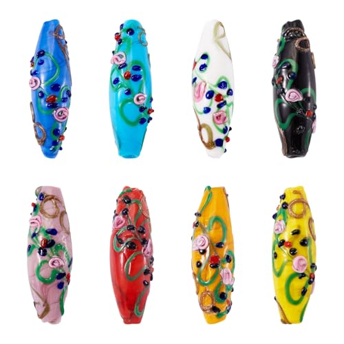 Beadthoven 8pcs Oval Lampwork Beads Gold Sand Rose Flower Glass Beads Charm Colorful Oval Tube Rice Shaped Millefiori Floral Loose Beads for Jewelry Making Bracelets Necklace Earrings Keychain - color: Oval with Flowers