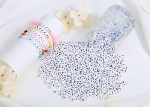 LAIDANLA 1500PCS Acrylic Letter Beads Alphabet Black Letters White Round Bead 7×4mm for Jewelry Bracelets Necklaces Key Chains Making - color: B-Black Letter White Beads