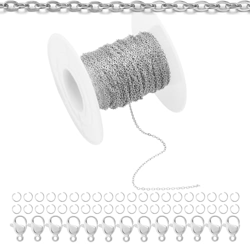 66Feet Stainless Steel Necklace Chains Cable Link Chains for Jewelry Making DIY Craft Kit with Lobster Clasps Jump Rings - color: 66Feet-Stainless Steel, size: 1.5mm