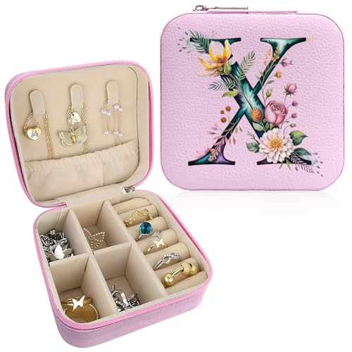 Monogram Jewelry Box Portable Print Jewelry Box, 1pcs Pink Compact Jewelry Box Travel Jewelry Case Travel Case Organizer Bag Storage Box Jewelry Holder For Necklace Earrings Rings Bracelet (Letter X) - color: Letter X