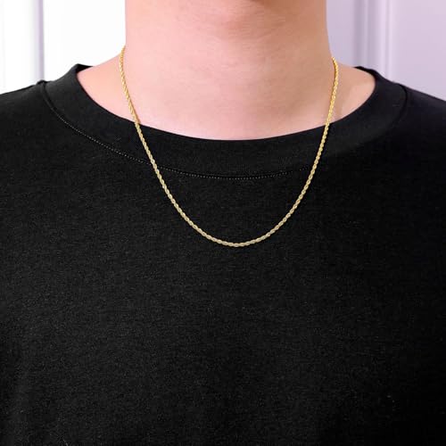 Fiusem 18K Gold Plated Rope Chain for Men, 18K Gold Plated/Black Chain Necklace, Stainless Steel Necklace for Men and Women, Jewelry Gifts - size: 16 Inches, style: Gold 2mm