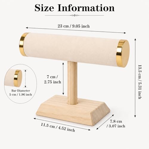 Jewelry Display T-Bar Stand – 9 inch Beige Textured Velvet Bracelet Holder with Gold Metal Ends, 1-Tier Jewelry Organizer with Natural Pine Base, Bangle & Watch Display for Retail & Vanity - color: Beige Textured Velvet