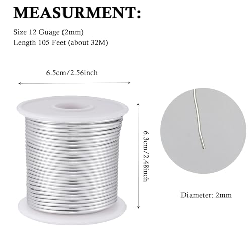 12 Gauge Sliver Aluminum Craft Wire (105FT) - Anodized for Jewelry Making, Beading Floral, Plant Gardening, Sculpting & Modeling Craft Wire (Sliver #1, 2mm) - color: Sliver #1