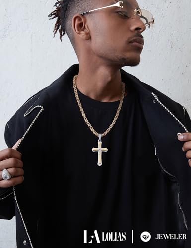 LOLIAS Black 14K Gold Plated 𝐂𝐫𝐨𝐬𝐬 𝐍𝐞𝐜𝐤𝐥𝐚𝐜𝐞 for Men Stainless Steel 𝐁𝐲𝐳𝐚𝐧𝐭𝐢𝐧𝐞 Chain With Cross Pendant Necklace 𝐌𝐞𝐧𝐬 𝐆𝐢𝐟𝐭 22-30Inch - color: Gold plated necklace with pendant, size: 22IN