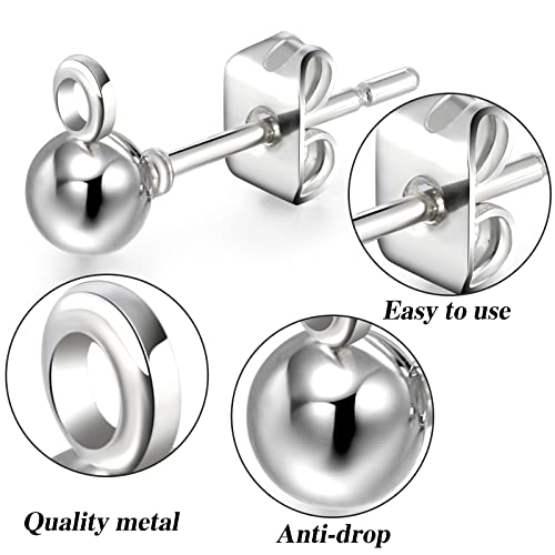 180 Pieces Ball Post Earring Stud with 200 Pieces Butterfly Back Earrings with Loop for DIY Jewelry Making Findings, 4 mm 5 mm 6 mm(Sliver) - color: Sliver